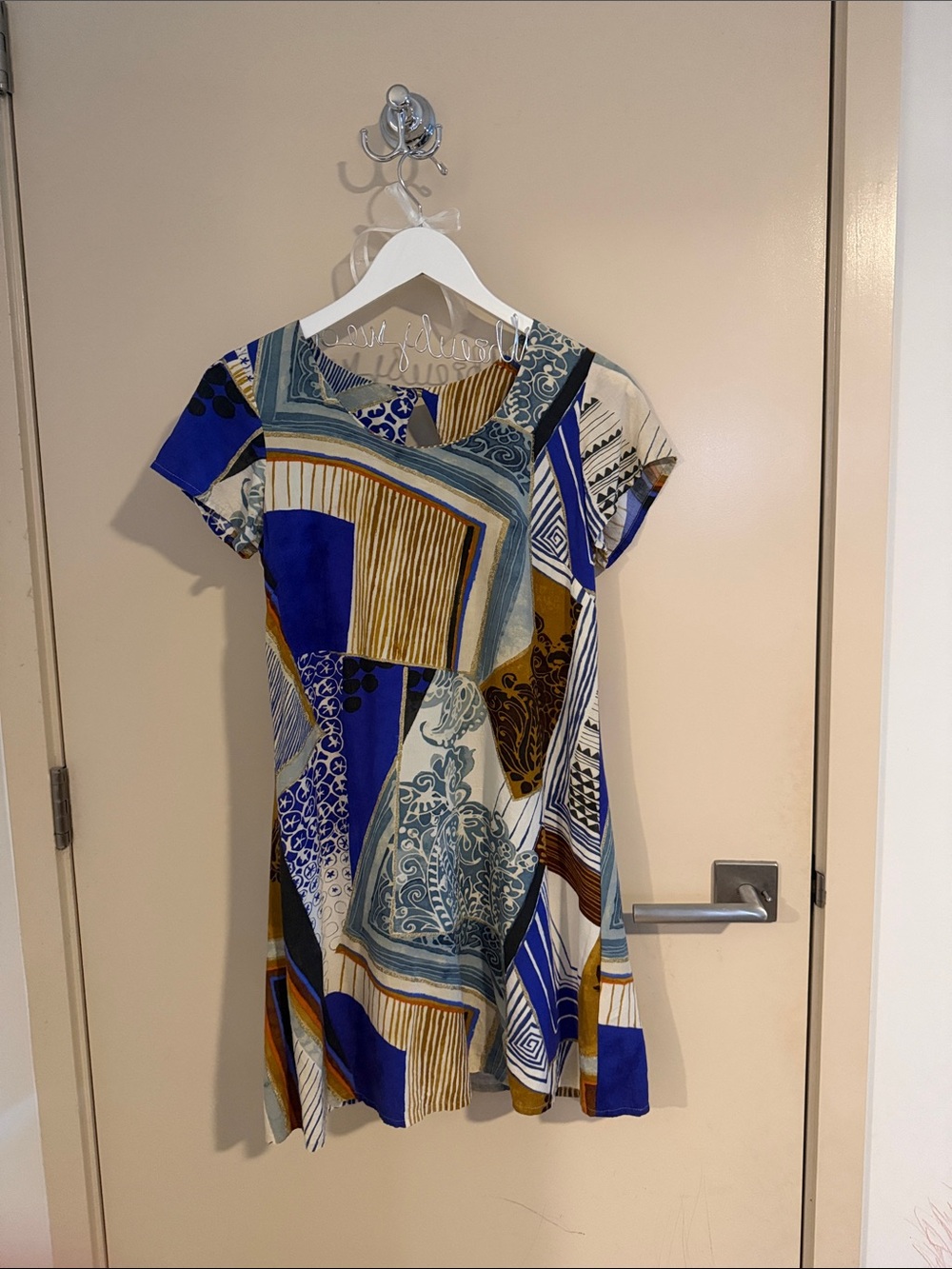 ❣️5 for $100 Jams World Blue, Cream & Brown Patchwork Short Sleeve Mini Dress